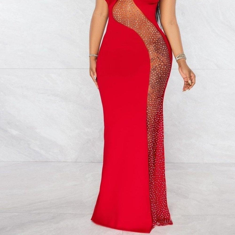 WOMEN'S RED MESH SILVER RHINESTONES MAXI DRESS